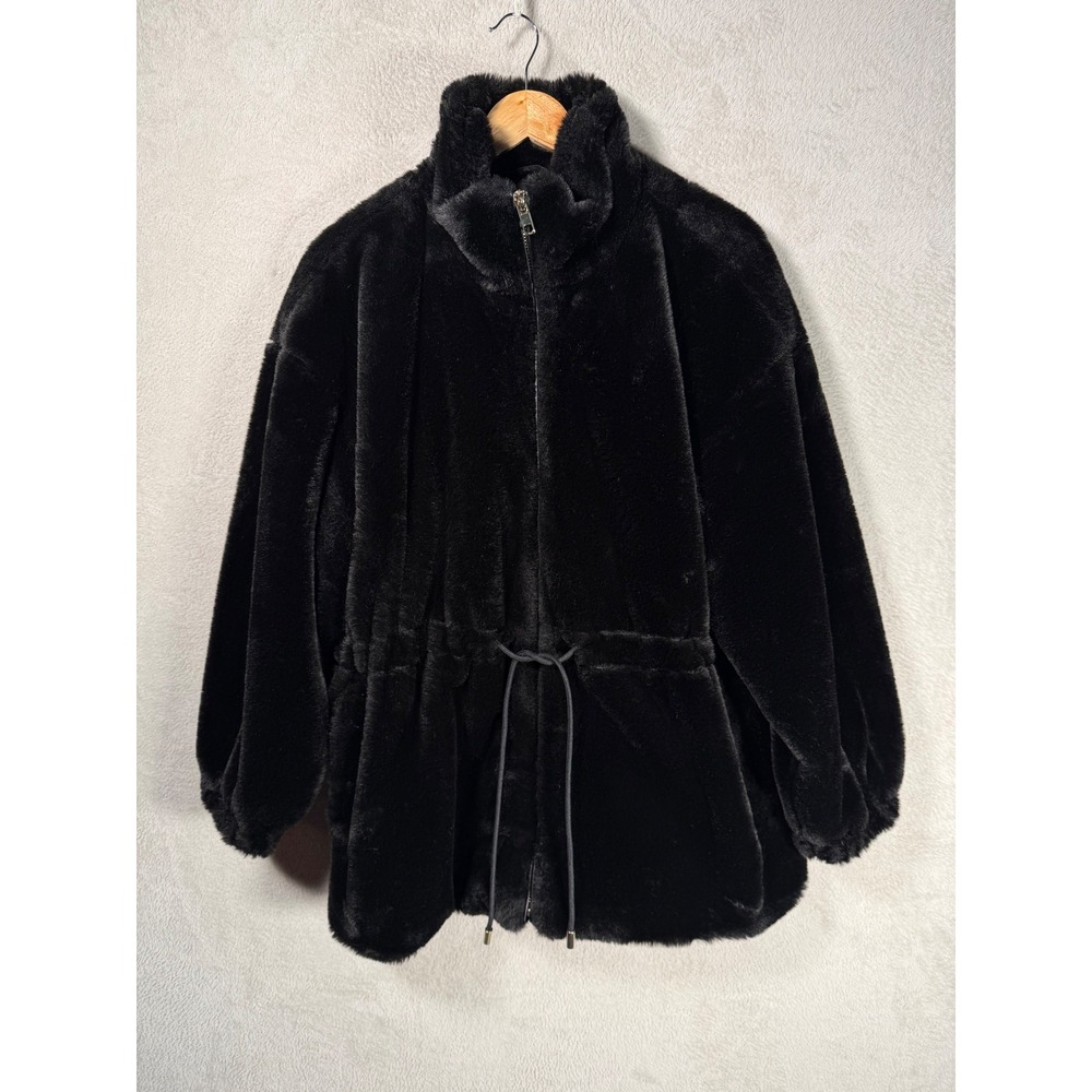 Tahari Woman Black Faux Fur Zip Up Jacket Drawstring Waist Plus Size 1X